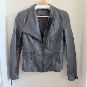 Grey Faux Leather Cropped Asymmetrical Moto Jacket S